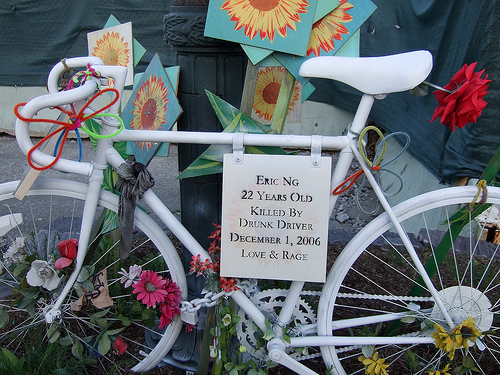 This memorial to Eric Ng, killed in __ on the West Side Highway, is no derelict. Photo: