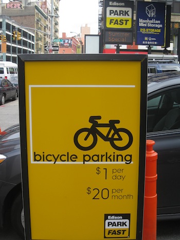 ParkFast advertises its bike parking at Hester and Centre Streets. Photo: Noah Kazis.