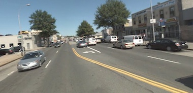 A pedestrian was killed at the intersection of Northern Boulevard and 212th Street this morning. The intersection lacks any safe way for pedestrians to cross the street. Image: Google Street View.