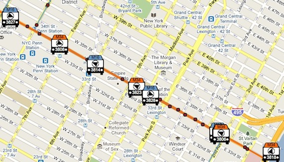 The location of M16 and M34 buses on 34th Street at 12:17 p.m. today. Image: MTA BusTime.