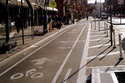 The Ninth Avenue bike lane was funded through the Transportation Enhancements program, which is currently stalled. Photo: NYC Bike Maps.