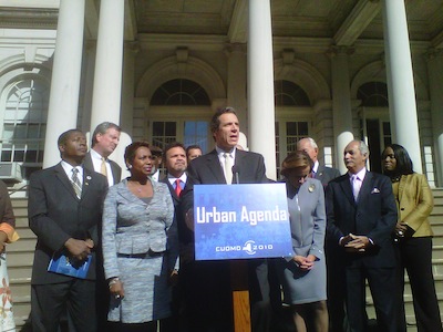 Andrew Cuomo announces his urban agenda and proceeds to promise more austerity for the MTA. Photo: Transportation Nation.