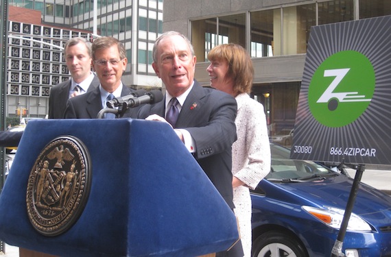 Mayor Bloomberg announces the city's car-sharing program, along with Zipcar president Mark Norman, Deputy Mayor Stephen Goldsmith, and DOT Commissioner Janette Sadik-Khan. Photo: Noah Kazis.