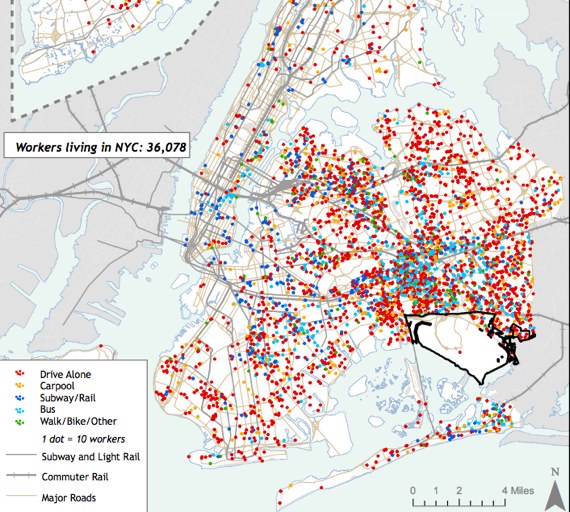 Each dot represents ten commuters going to work at JFK. The many red dots represent drivers, a majority of those going to the transit-poor airport. For a larger version, click here. Image: Pratt Center.