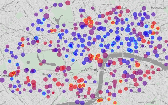 A website developed by __ maps bike-share systems in real times. London's full bike-share stations are represented here by red dots and empty stations by blue dots.