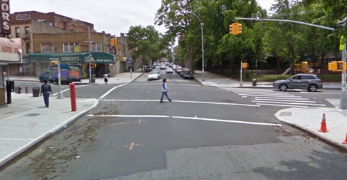 The intersection of Classon Avenue and Fulton Street, where a pedestrian may have been killed by a driver this morning. Image: Google Street View.