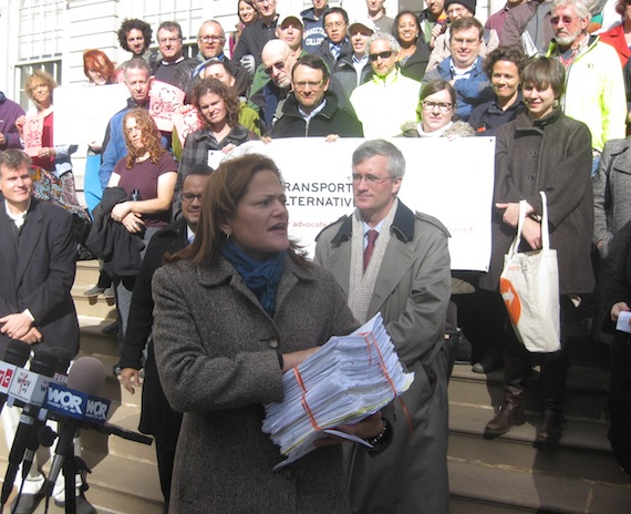 Council Member Melissa Mark-Viverito holds 2,500 handwritten letters to Mayor Bloomberg, urging him to complete the First and Second Avenue bike lanes. Behind her are Sen. José Serrano and Assm. Brian Kavanagh. Photo: Noah Kazis.