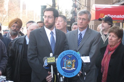Sen. Daniel Squadron and Assm. Brian Kavanagh announce that bus lane cameras, which they helped shepherd through Albany, will be enforcing First and Second Avenue starting today. Photo: Office of Dan Squadron.