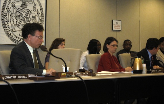 Jimmy Vacca presides over a meeting of the City Council transportation committee, discussing four bills to provide more information about traffic safety and traffic calming. Photo: Noah Kazis.