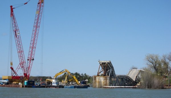 The State DOT disassembling an unsound bridge over Lake Champlain. Without new revenue streams, warns Richard Ravitch, this will be a common sight. Photo: Tri-State Transportation Campaign.