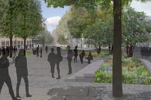 A rendering shows the southern "Village Plaza" in use by people, not cars. Image: DDC.