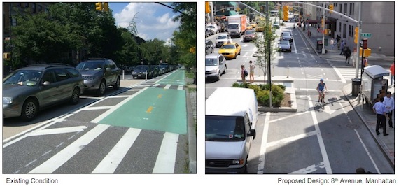 DOT wants to make a little more room for Prospect Park West pedestrians by installing raised medians, like on Eighth Avenue, but their data show that the basic redesign worked. Image: NYC DOT.