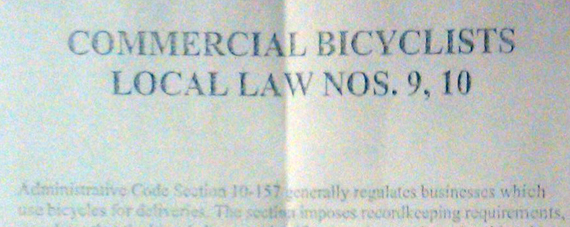 Page one of NYPD's two-page handout distributed to cyclists on the Brooklyn Bridge.