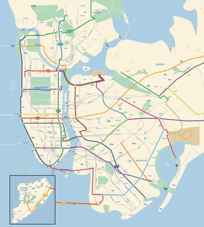 DOT's 2025 bus rapid transit fantasy map: 17 new high-capacity bus routes within 13 years. Image: NYC DOT