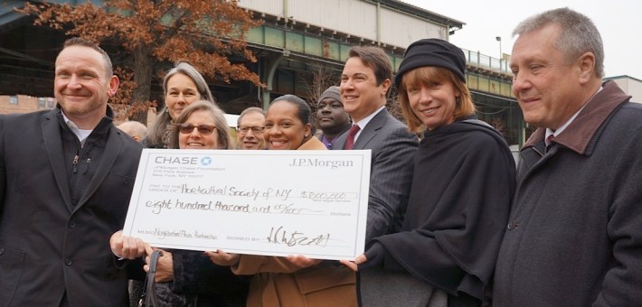 Elected officials announce an $800,000 donation from the JPMorgan Chase Foundation to help maintain plazas in low-income areas. Photo: Clarence Eckerson Jr.