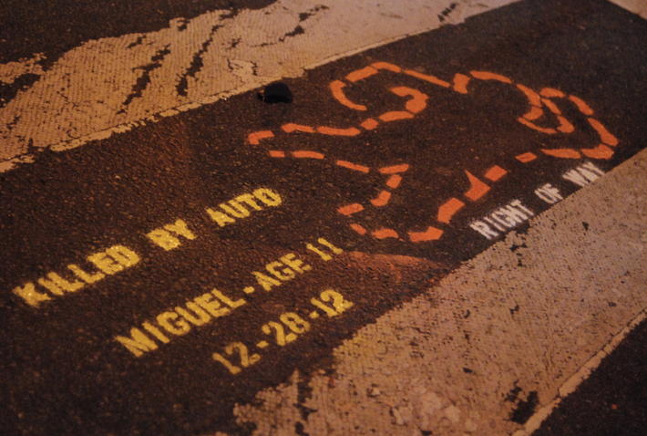 The advocacy group Right of Way stenciled markings to commemorate traffic violence victims along the march's route. Photo: Right of Way/Flickr