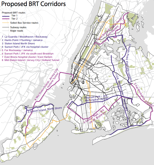 The Pratt Center is recommending eight BRT routes, primarily for outer-borough trips beyond the subway’s reach.