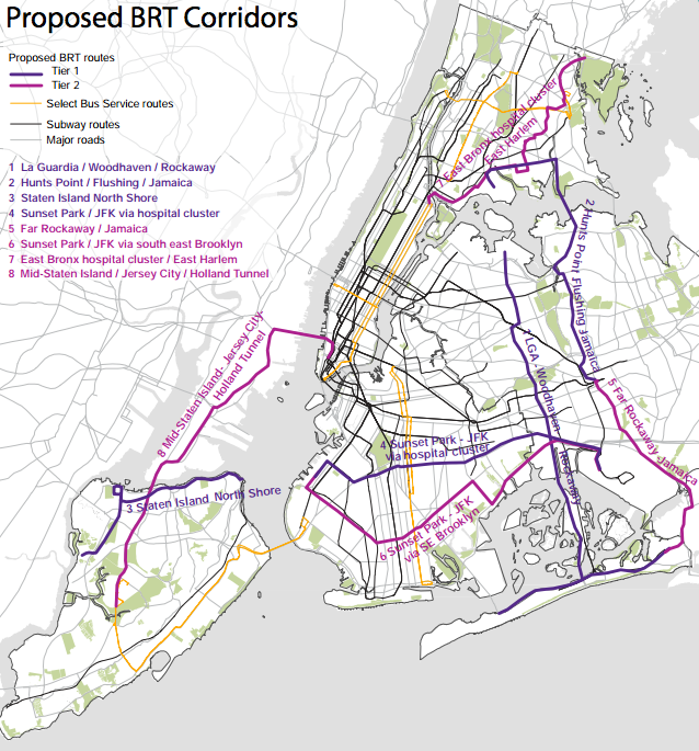 The Pratt Center is recommending eight BRT routes, primarily for outer-borough trips beyond the subway’s reach.