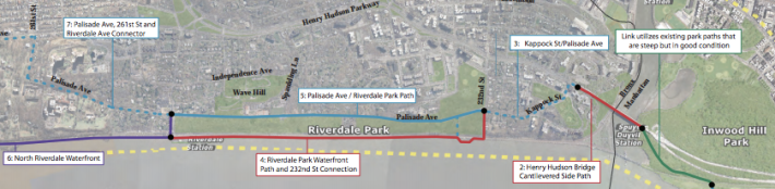 The plan for the Hudson River Greenway in the Bronx includes improvements in the next three years in blue, the next decade in purple, and the years beyond in red. Image: NYMTC