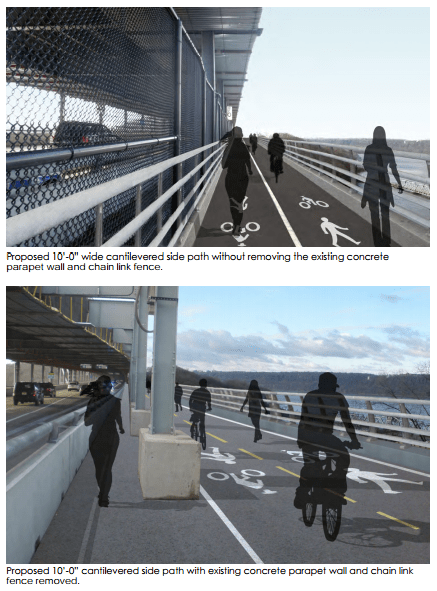 The plan proposes two options for a new, wider path across the Henry Hudson Bridge. Image: NYMTC