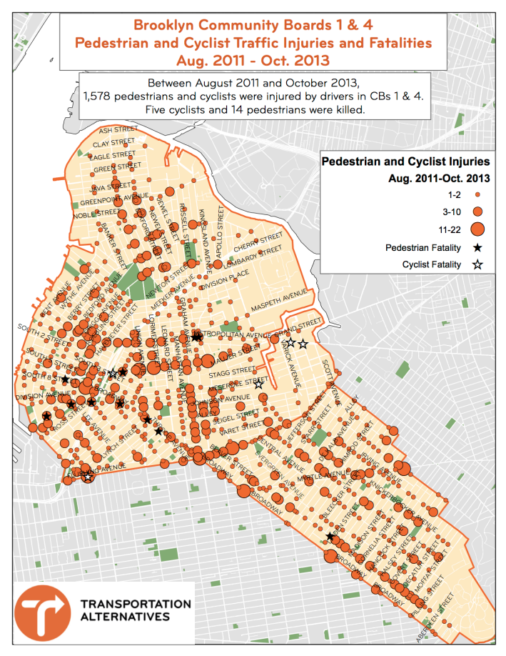 Cyclist and pedestrian injuries and fatalities in Greenpoint, Williamsburg and Bushwick. Map: Transportation Alternatives