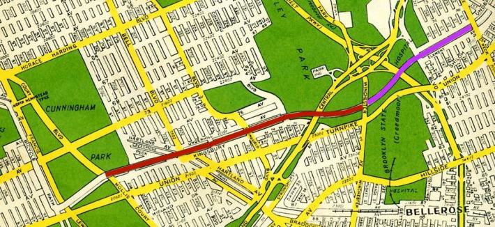 A 1944 Hagstrom map shows the former Long Island Motor Parkway route. A section of it, in dark red, has been converted to a multi-use path. Neighbors hope to extend the route east, in pink. Image from LIMParkway