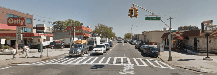 This is the crosswalk at Seventh Avenue and 65th Street where Xiaoci Hu, 75, was killed this morning. Photo: Google Maps
