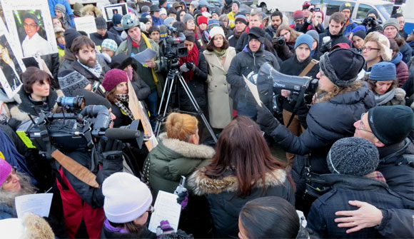 Judy Kottick speaks at the site where her daughter Ella was killed crossing the street. Photo: Ben Fried