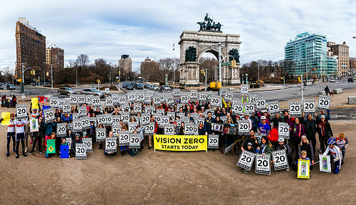 Supporters of home rule legislation for NYC speed limits at Grand Army Plaza Sunday. Photo: Dmitry Gudkov