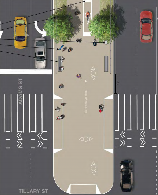 The Brooklyn Bridge path entrance will be widened and a center-running bike lane will be extended down Adams Street. Image: DDC