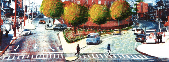 A rendering shows expanded pedestrian space on Homelawn and 169th Streets at Hillside Avenue Image: DOT