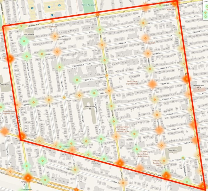 Heat map of crashes within the proposed Clinton Hill/Bed-Stuy Slow Zone from August 2011 through December 2013. Click to enlarge. Image: ##http://nyc.crashmapper.com/11/8/13/12/standard/collisions/2/17/40.685/-73.960##NYC Crashmapper##