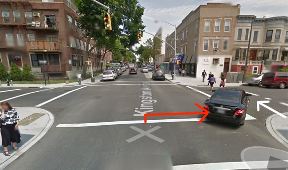 Gedalia Gruntzweig was killed in broad daylight by a city sanitation driver making a right turn at a signalized intersection with crosswalks. The red arrow represents the movement of the driver and the white arrow the movement of the victim, according to reports and photos from the scene. Image: Google Maps