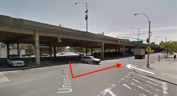 Marisol Martinez was struck by an MTA bus driver as she crossed Union Avenue at Meeker Avenue in Brooklyn. The red arrow represents the movement of the driver and the white arrow the movement of the victim, according to reports and photos from the scene. Image: Google Maps