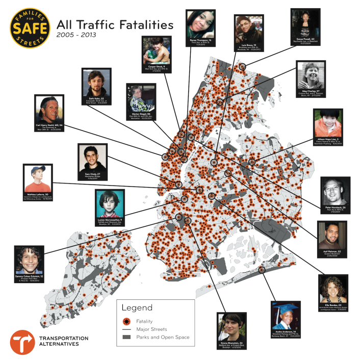 Families of some of those included on this map of traffic fatalities are meeting with legislators today in Albany. Map: Families for Safe Streets