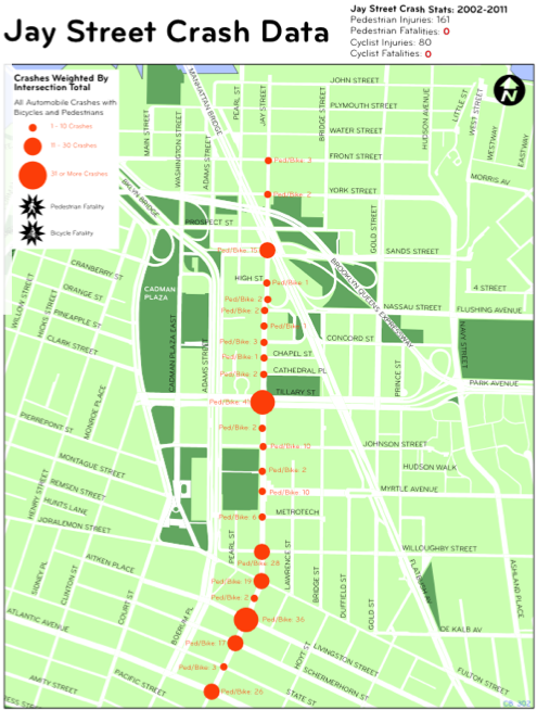 Jay Street has a few injury hotspots, but no fatalities from 2002-2011. Map: Transportation Alternatives