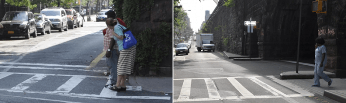 Poor visibility leaves pedestrians at risk on Park Avenue in East Harlem. Curb extension have already been installed at 104th Street, right. Photos: DOT