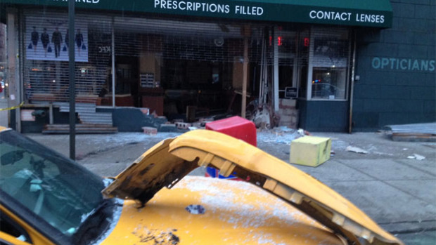 A curb-jumping cab driver smashed through a storefront in the East Village. Photo: ##http://newyork.cbslocal.com/2014/03/02/cab-jumps-curb-slams-into-east-village-store-front/##CBS New York##