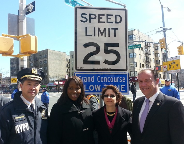 NYPD Chief of Transportation Thomas Chan, Council Member Vanessa Gibson, Transportation Commissioner Polly Trottenberg and Assembly Member Mark Gjonaj unveil the city's second "arterial slow zone" this morning. Photo: Stephen Miller