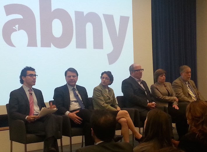 From right, Jonathan Bowles of Center for an Urban Future, Chris Hamel of RBC Capital Markets, Transportation Commissioner Polly Trottenberg, Chris Ward of Dragados, Denise Richardson of the General Contractors Association of New York and "Gridlock" Sam Schwartz at this morning's panel. Photo: Stephen Miller