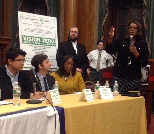 Public Advocate Letitia James speaks at yesterday's Vision Zero town hall in Brooklyn. Photo: Matthew Chayes/Twitter