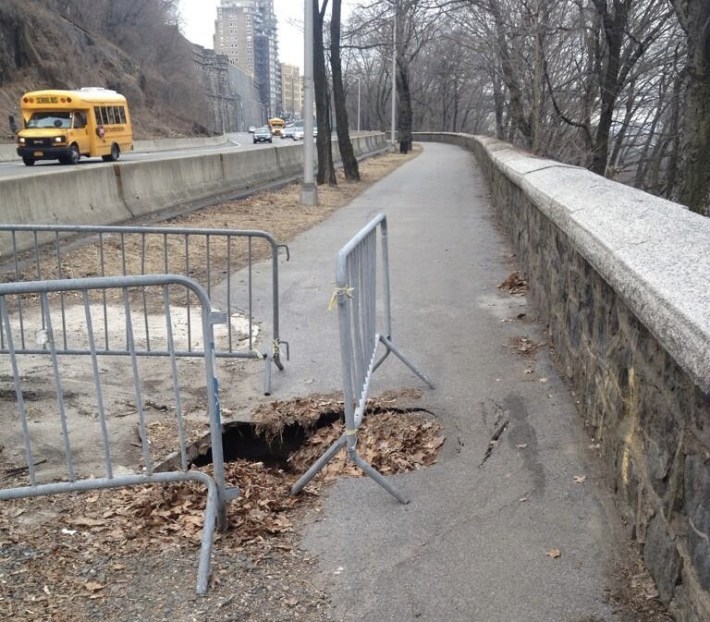 Greenway users need this like a hole in the head. Will the Parks Department fix it? Photo: BornAgainBikist/Twitter