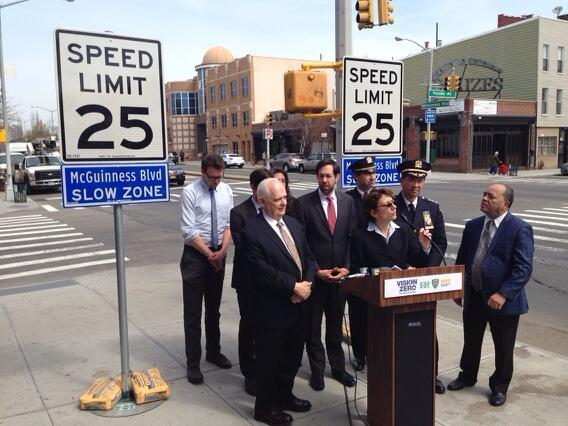 Transportation Commissioner Polly Trottenberg speaks at today's arterial slow zone announcement on McGuinness Boulevard. Photo: Jon Orcutt/Twitter