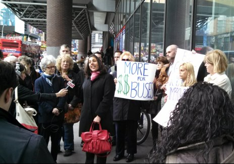 TSTC's Veronica Vanterpool, center, and CB 4 chair Christine Berthet, to her right, outside the Port Authority Bus Terminal today. Photo: Madeline Marvar/TSTC