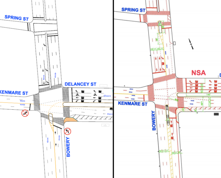 DOT is adjusting pedestrian safety improvements at Delancey Street and the Bowery because high car volumes have wiped out hoped-for safety gains. Image: DOT