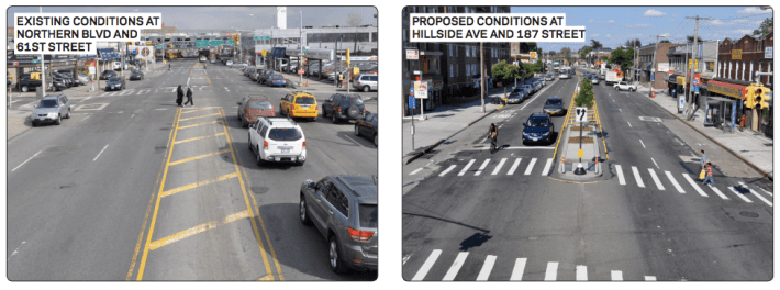 The striped median on Northern Boulevard at 61st Street, right, is set to receive concrete pedestrian islands, like those on Hillside Avenue, right. Image: DOT