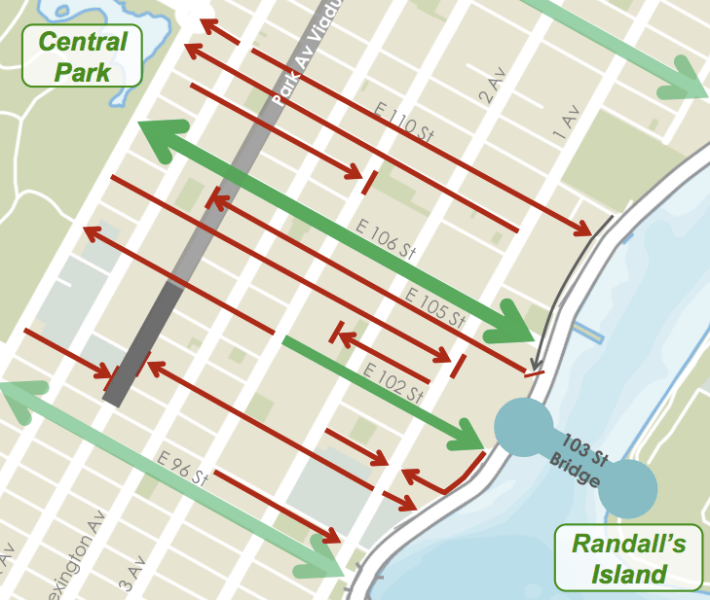 Trying to get between Central Park and Randall's Island? East 106th Street is the only real option. Image: DOT