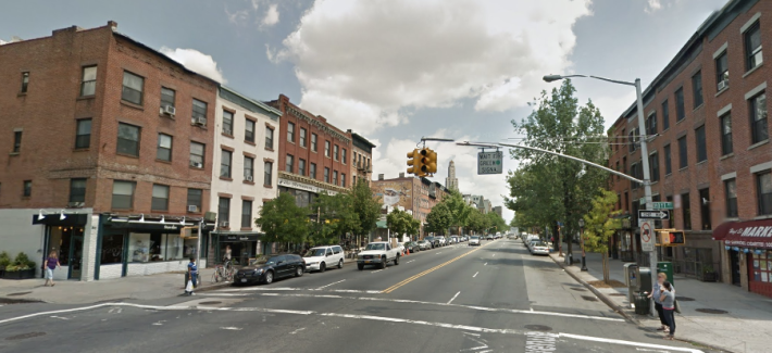 If DOT follows through on local requests, Atlantic Avenue, here at Hoyt Street, could get some pedestrian safety upgrades. Photo: Google Maps