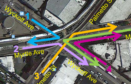 These five turns would be banned during rush hours at the complex intersection of Myrtle and Wyckoff Avenues. Image: DOT