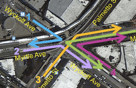 These five turns would be banned during rush hours at the complex intersection of Myrtle and Wyckoff Avenues. Image: DOT